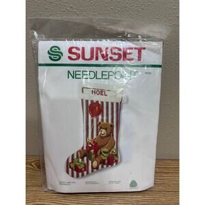 Vintage Sunset Needlepoint Teddy Bear Present Noel Stocking Kit 19.5” New Sealed